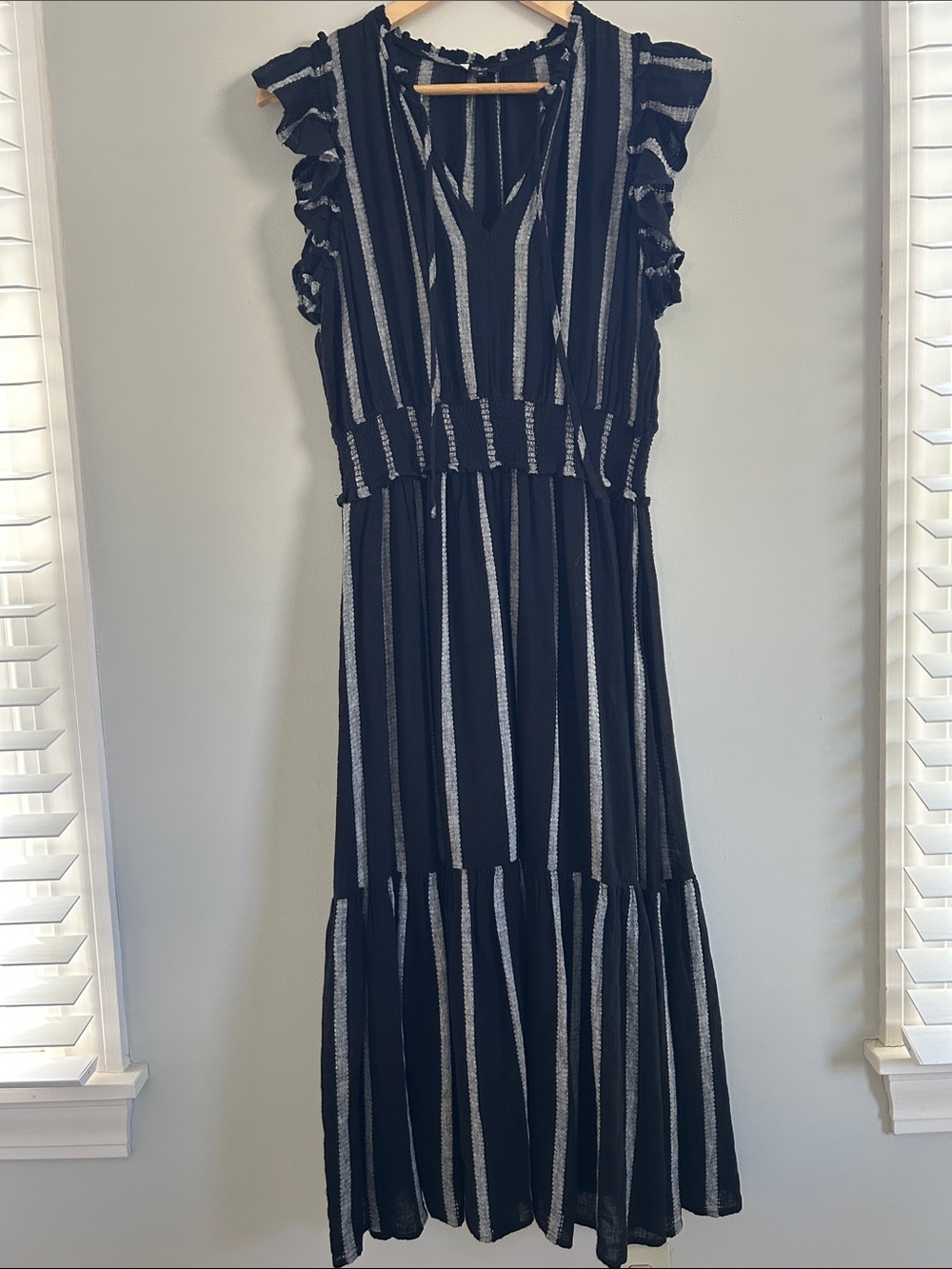 Rails Black& White Striped Ruffle Sleeve Maxi